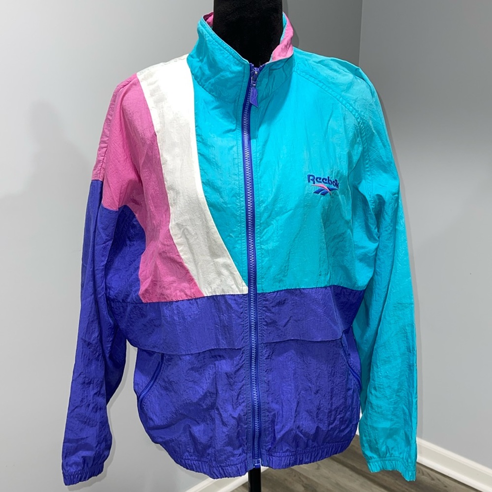 Reebok Vintage Colorblock Windbreaker Jacket in Teal, Purple, Pink & White